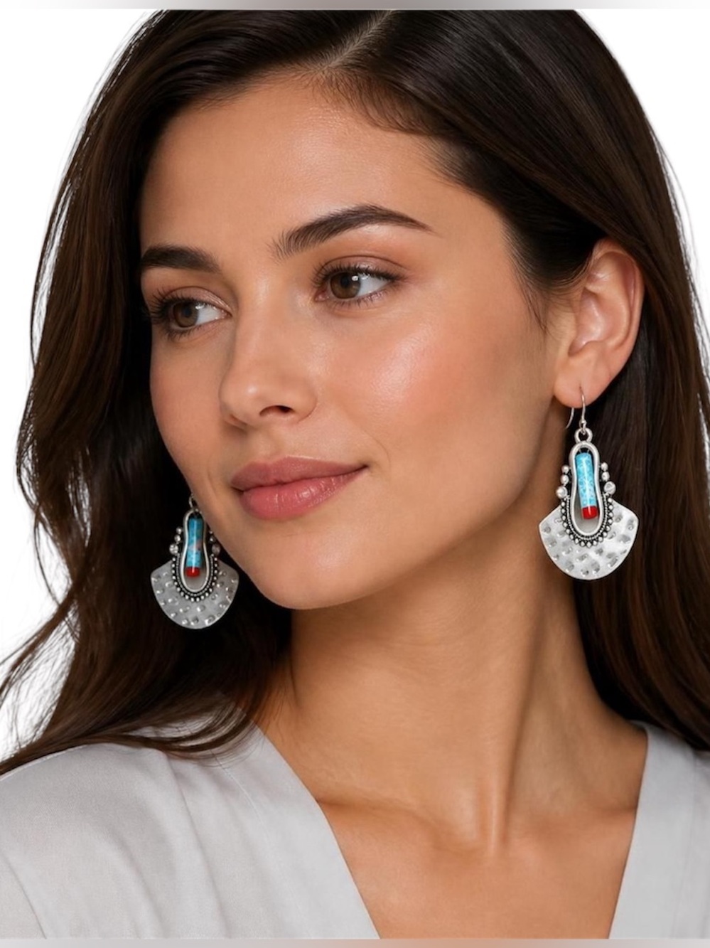 Silver Tone Turquoise & Red Accent Dangle Earrings